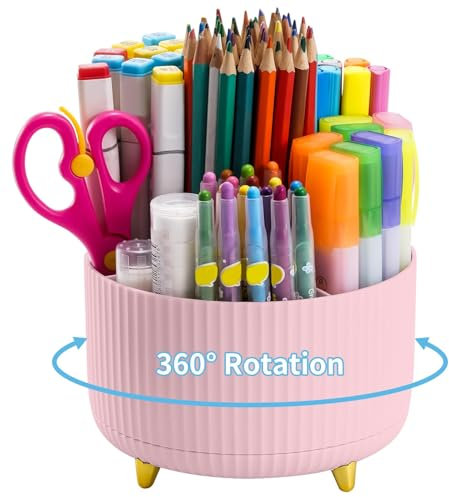 Marbrasse Schreibtisch Organizer,360 Grad Drehbarer Stifthalter für Schreibtisch Zubehör mit 5 Fächern,Stifte Organizer,Stift Aufbewahrungsbox für Büro Zuhause (Rosa)