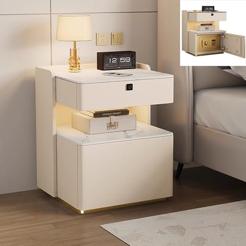 JCSRYD Bedside Table with Hidden Safe, Night Stand with Fingerprint Lock Drawer, Leather Nightstand for Bedroom, Living Room, Office(White,50cm/20in)