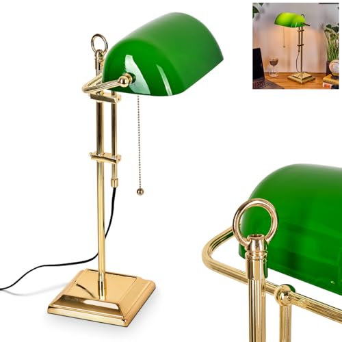 HOFSTEIN Tischleuchte Tremoceira, Tischlampe aus Metall/Glas in Messing/Grün/Weiß, traditionelle Bankerlampe, Schreibtischlampe für Büros im Retro/Vintage-Design mit Zugnschnur, Höhe 56 cm, 1 x E27