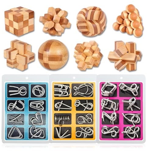 WishesMar 32 Piezas Rompecabezas de Madera y Metal Juego de Ingenio IQ Inteligencia Puzzle Educativos Juguetes para Adultos Niños y Adolescentes Tamaño 5.0CM