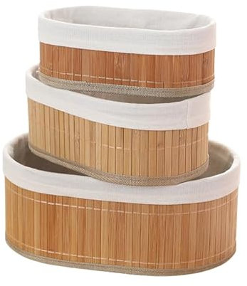 Casa Shop Juego de 3 Cestas Organizadoras de Bambú con Forro de Tela, Natural, cestas organizadoras para armarios y estanterias, baño (Redondas)