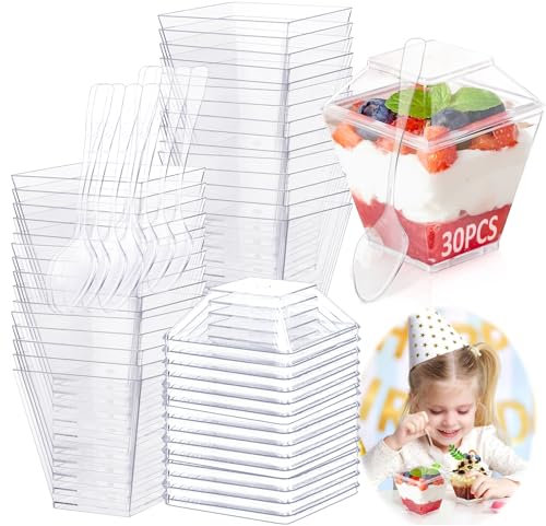 30 pièces Tasses à Dessert 60ml/2oz Gobelets à Dessert avec 30 Cuillères et couvercle Mini Tasses à Dessert Gobelets Verrines à Dessert Réutilisables en Plastique pour Mousse,Tiramisu,Anniversaire
