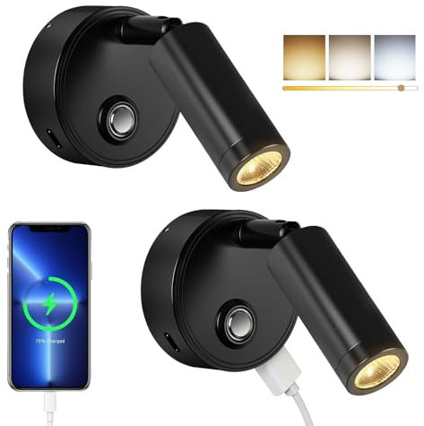 ERWEY 2 Stück LED Leselampe 12V Wohnmobil Touch Dimmbar 3 Farbtemperatur Modi mit Ladefunktion USB A+C-Anschlüssen, DC 12V-24V Spot Innenbeleuchtung für Boot Auto Camper Van Yacht, Schwarz