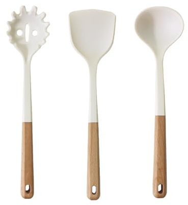 3 Stk Silikon Küchenhelfer Set: Pfannenwender, Kochlöffel & Spaghettilöffel | Hochwertiges Silikon, Schont Antihaftpfannen