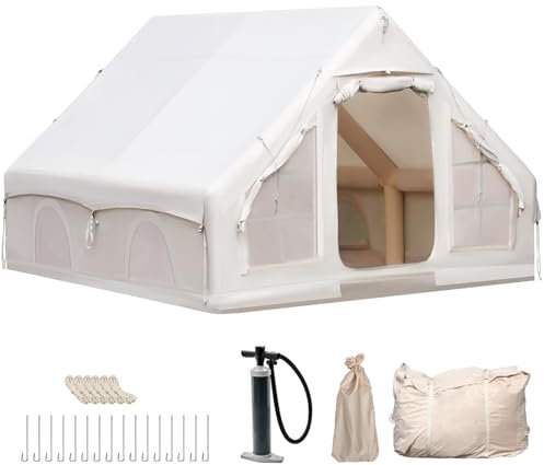 Aufblasbares Campingzelt mit Kamin & Oberlicht, Wasserdichtes Oxford-Tuch, 2-8 Personen Outdoor Zelt mit Luftpumpe, Schnell Aufgebaut für Alle Jahreszeiten