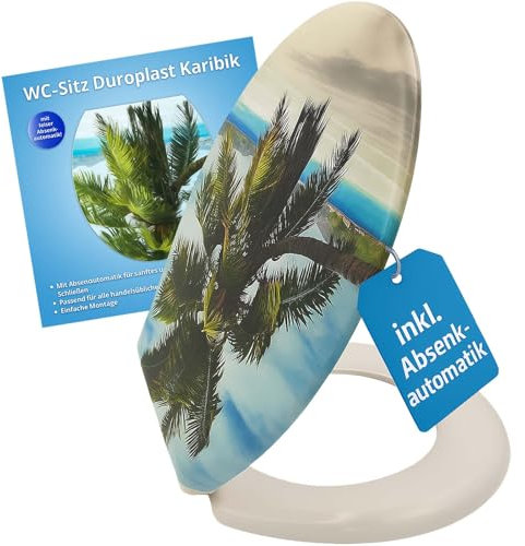 BURI Asiento de inodoro con dispositivo de descenso automático, tapa de inodoro con diseño de palmera, cierre suave, forma de O, asiento de inodoro con fijación, plástico duradero, tapa universal