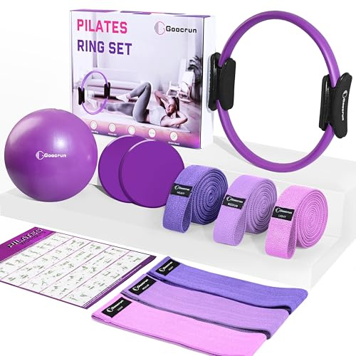 Goocrun Pilates-Ring-Set mit Widerstandsband, Pilatesball und Gleitscheiben. Tragbares Heim-Fitnessstudio – inklusive Fitness-Poster