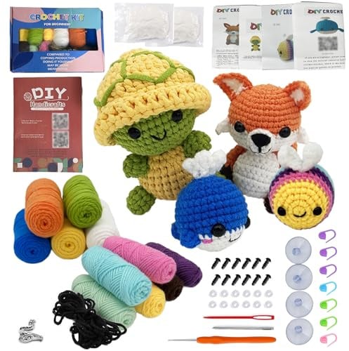 Häkelset Tiere, Häkelset für Anfänger, Strickset mit Anleitung, Schritt für Schritt, Weiches Garn mit Strickzubehör, Tragbar Häkelnadel Set, Geeignet als Geschenk (Wale, Bienen, Füchse, Schildkröten)