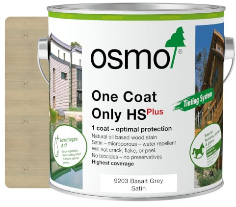 Osmo One Coat Only HS Plus 9203 Transparent Basalt Grey 2.5L – High Coverage Exterior Wood Stain for Cladding & Fencing – One Coat Protection – Water & UV Resistant Satin Finish