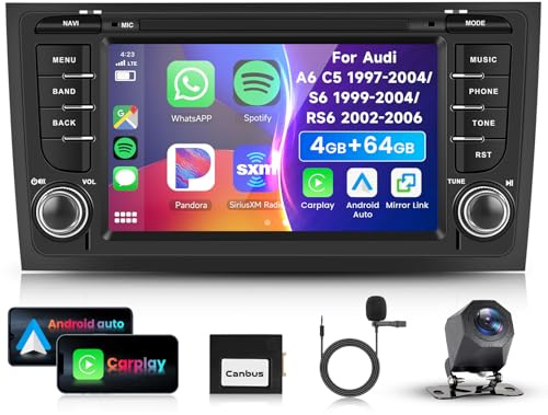 4G 64G VECHTEL 7 Bluetooth-Autoradio für Audi A6 C5 1997-2004 S6 1999-2004 RS6 2002-2006 Carplay Android Auto,DSP EQ,WiFi GPS,Mirror Link,RDS/FM Radio 2 Din mit AHD Rückfahrkamera