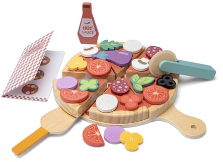 Woet® Wooden Toy Pizza Set with Toppings, 32 Pieces | Wooden Play Food, Making Pizza Toy, Menu & Hot Sauce, Pretend Cooking Toy, Kitchen Accessories, Role Play Set, Age 2 Years+