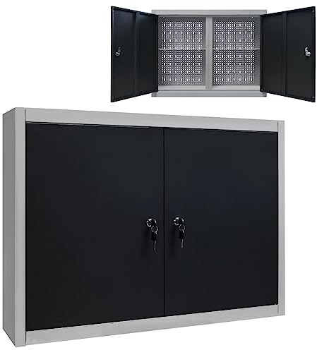 Mokuyary Armadietto per attrezzi da parete, stile industriale, in metallo, grigio e nero, pensile con ante e 2 ripiani regolabili, chiudibile, scaffale per officina, garage