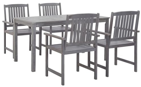 Bucmath 5-TLG. Garten-Essgruppe Grau, Massivholz Akazie, 140x80cm Esstisch mit 4 Stühlen, für Garten, Terrasse & Balkon, Robustes Outdoor Möbel Set