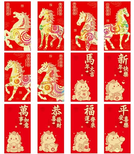 12 Stück Chinesisches Neujahr Rote Umschläge, Pferd Geldpakete, Neujahrsgeldumschläge, Frühling Festival Neujahr, Chinesische Rote Pakete, für Neujahr Geburtstag Hochzeit Kleines Geschenk oder Geld