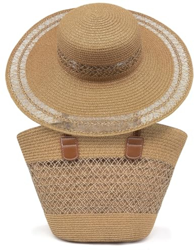 Pahajim Damen Strohtasche und Strohhut 2-teiliges Set, Handtasche Geflochten Strandtasche mit Reißverschluss Stroh Tote Bag für Sommer