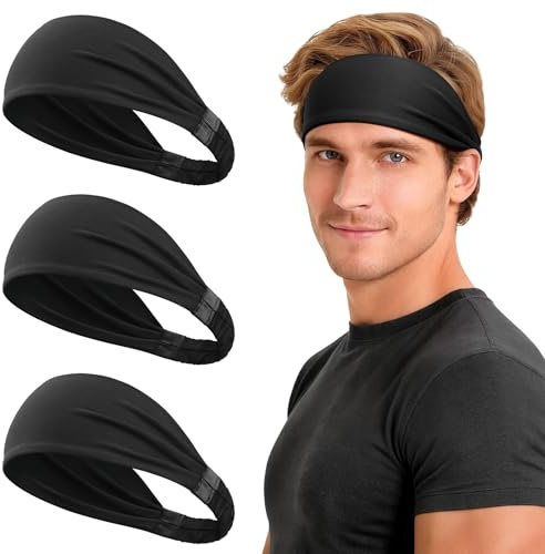 Tumurup Bandeau Sport Homme, 3 Pcs Antidérapant Bandeau Cheveux Homme Absorbant La Transpiration Serre Tete Homme Elastique Headband pour Running Fitness Gym Tennis