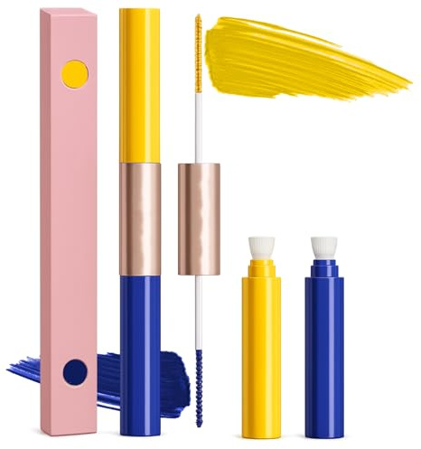 Dual-Ended Mascara in Vibrant Yellow & Blue for Bold Party & Festival Looks - Waterproof Smudge-Proof Formula with Curling Brush for Creative Eye Designs & Expressive Makeup, Long-Lasting Wear
