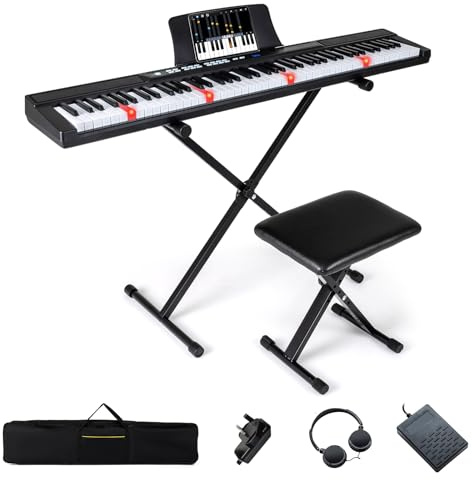 COSTWAY 88 Key Digital Piano Keyboard, Full Size Electric Piano with Adjustable Stand & Stool, Light-up Keys and Buttons, MIDI Function, Sustain Pedal, Headphone, Carrying Bag, for Beginners (Black)