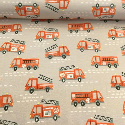 Baumwolljersey Stoff Kinder Fahrzeuge & Tiermotive – 94% Baumwolle 6% Elasthan – Öko-Tex Standard 100 – 150 cm breit – Meterware ab 50 cm für Baby- & Kinderkleidung (Feuerwehr, sch)