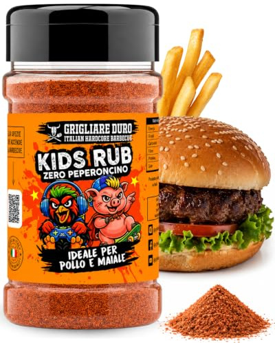 Kids Rub 200g GRIGLIARE DURO - Spezie Barbecue Delicate Senza Piccante - Aglio in Polvere Paprika Dolce per Famiglia - Insaporitore Carne Manzo Pollo - Made in Italy