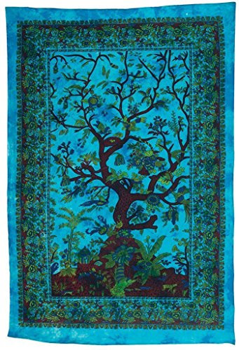Popular Handicrafts Wandteppich, Motiv: Baum des Lebens, Hippie, kaleidoskopisch, aufwendiges Blumendesign, indische Tagesdecke, Wandbehang, 140 x 215 cm, Türkis