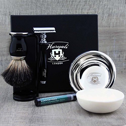 Black Shaving Set Featuring Pure Black Badger Brush & De Safety Razor Along with Soap & Stainless Steel Bowl. Perfect Shaving Set.