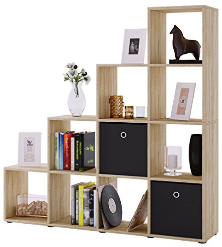 VCM Holzregal stehend | platzsparendes Regal | Maße: H. 139 x B. 143 x T. 29 cm | Elegantes Regal stehend | Aufbewahrungsregal | Bücherregal | Treppenregal - Napoli Sonoma-Eiche