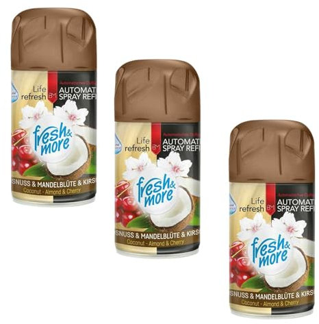 Fresh & More Lufterfrischer Nachfüller 3er Pack Kokosnuss-Mandelblüte & Kirsche 250ml - Duft Nachfüller kompatibel mit Air Wick Freshmatic, Glade Brise - Duftspray für Geruchsneutralisierung