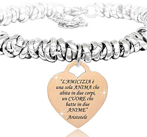 SAGA GIOIELLI® BRACCIALE NODINI INTRECCIATO DONNA FRASI PENSIERI PAROLE EMOZIONALE INCISIONE CUORE (L'amicizia è una sola anima...)