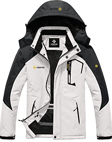 GEMYSE Herren Wasserdichte Berg-Skijacke Winddichte Fleece Outdoor-Winterjacke mit Kapuze (Weiß Dunkelgrau,M)