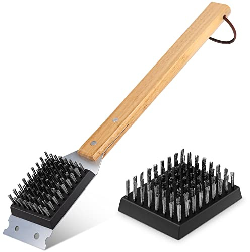 SIMPLETASTE Grill Brush and Scraper for BBQ, Durable & Effective, Replaceable Stainless Steel Head, Wooden Handle Wire Grill Brush for Outdoor Grill, Barbecue Accessories