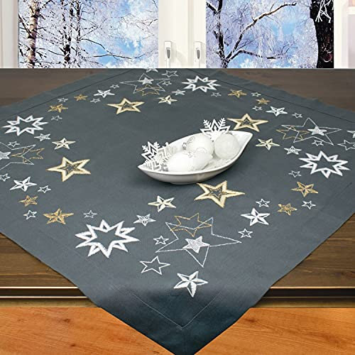 Ernst Schäfer Ernst Schäfer Stickset Sterne, Tischdeckenset zum Besticken, Stickset mit Plattstich und Stielstich zum Selbststicken für die Adventszeit und Weihnachten, Anthrazit, 85 x 85 cm