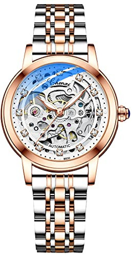 Rorios Damen Mechanische Automatikuhr - Wasserdicht Mit Lederarmband, Skeleton Tourbillon, Leuchtend - Mode-Uhr für Mädchen Und Frauen