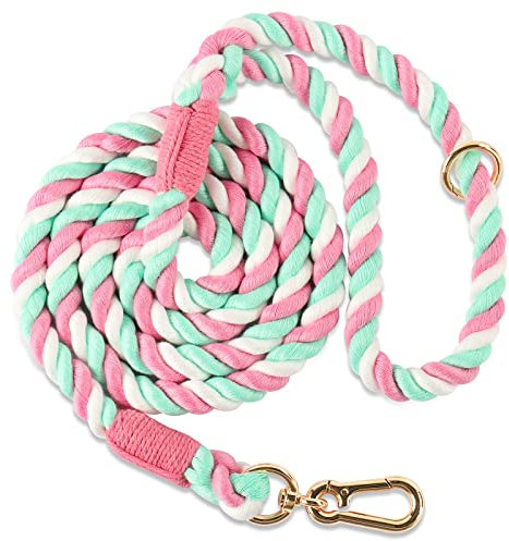 NUGUTIC Laisse pour Chien en Corde de Coton tressé Faite à la Main pour Chiens de Petite, Moyenne et Grande Taille, Fermoir en métal doré Robuste, Fleur de Cerisier Rose 1,5 m