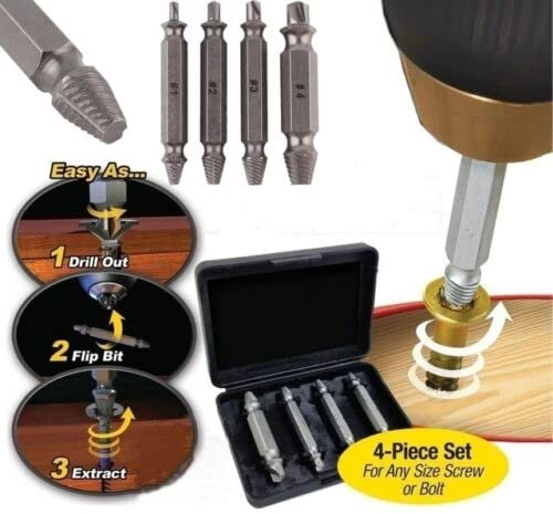 CRYSTAL CROWN Damaged & Stripped Screw Extractor, Remover Tool and Drill Bit Set, Broken Bolt, Nuts, Head Screw Remover, Drill Bit Tools for Easy Removal of Broken & Rusty Hardware, Set of 4 Pcs