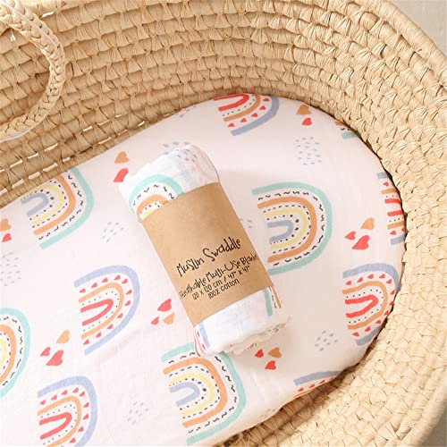 Chickwin Musselin Babydecke Bedruckter Kuscheldecke Baumwolle Bequem Weich Baby 2 lagig Musselin Tuch Decke für Junge Mädchen Neugeborene, Wickeldecke, Badetuch, Kinderdecke (120x120cm,Regenbogen)