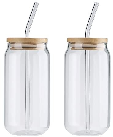 EdirFtra 2 Tasses de bière en boîte, Tasses à Eau avec Couvercle en Bambou et Paille en Verre, Tasses à café glacées, Tasses à café réutilisables Boba Tasses à café glacées Tasses à Smoothie,550ml