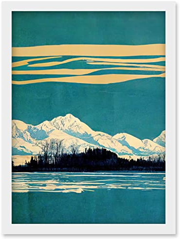Wee Blue Coo Winter Lakeside Landscape With Snowy Mountains Duotone Teal Artwork Framed Wall Art Print A4