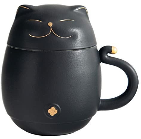 HEER Ceramic Tea Cup with Infuser and Lid for Steeping Loose Leaf, Cute Lucky Cat Coffee Mug Birthday Gift for Cat Lovers, Funny Teacup with Steeper Christmas Gifts for Men, Women. (Black)