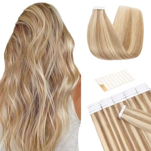 TESS Tape in Hair Extensions Human Hair 10 PCS #12P613 Golden Brown & Bleach Blonde - 12 Inch Seamless Invisible Real Hair Extension Straight 20g