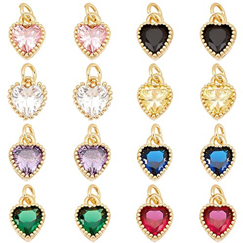 AHANDMAKER 16 Stück Zirkonia Herz Anhänger, 8 Farben Herzform Charms Echt 18K Vergoldet Messing Anhänger Tiny Dangle Für DIY Halsketten Armbänder Ohrringe Schmuckherstellung