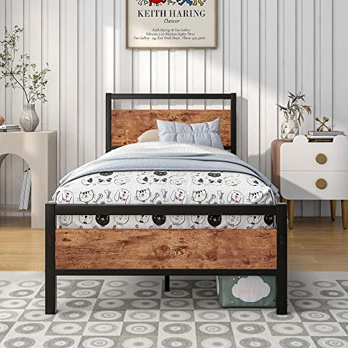 HOJINLINERO Metal Single Bed Frames with Wood Headboard,Industrial Bed Frame Single for Adult,Heavy Duty Platfrom Metal Slats Support,Easy Assembly,Solid Bedstead Base,Black+Rustic Brown