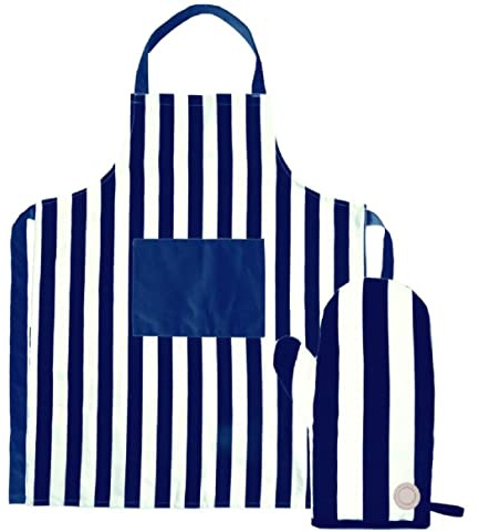 Sagaform Unisex – Erwachsene Aron Schürze & Grillhandschuh, Blau-Weiß, 28cm