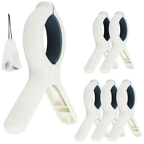 QOPAHI 6pcs Towel Clips for Sun Loungers Large Beach Towel Clips Strong Grip Clothes Pegs Non-Slip Towel Pegs for Sun Lounger Washing Line Laundry Pool Chairs Sunbeds, with Drawstring Organizer(Blue)