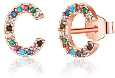 Ohrstecker Silber 925 Damen, Regenbogen Cz C Buchstaben Ohrringe Silber 925 Stecker Nickelfrei Ohrstecker Rosegold Geburtstag Weihnachten Konfirmation Geschenke für Frauen Mädchen Kinder Freundin