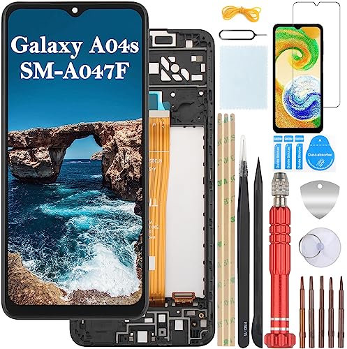 YHX-OU 6.50'' Negro + Marco Pantalla LCD para Samsung Galaxy A04S 2022 SM-A047F SM-A047F/DS SM-A047F/DSN Kit de Reparación de Pantalla Táctil Digitalizador con Herramientas + Cristal templad
