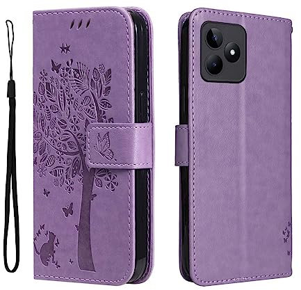 GOKEN Funda para Realme C51 / Realme C53, Leather Folio Carcasa con Billetera, Relieve, Magnética Premium TPU PU Cuero FILP Case Cover con Soporte Tapa Tarjetas, Lavanda