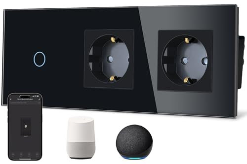 TAWOIA Smart Wlan Touch Interruptor de luz (requiere cable neutro) con doble enchufe normal, panel de cristal, control por voz Alexa, funciona con Smart Life y aplicación Tuya, 1 vía, color negro