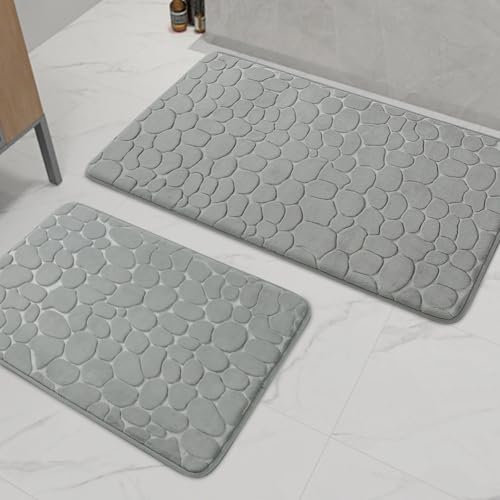 chakme Badezimmer Teppiche Sets 2 Stück, Cobblestone Memory Foam Badezimmer Matten Set dick, Anti-Rutsch-Badematten für Bad,absorbierend waschbar hellgrau Badteppiche für Wanne, WC und Boden