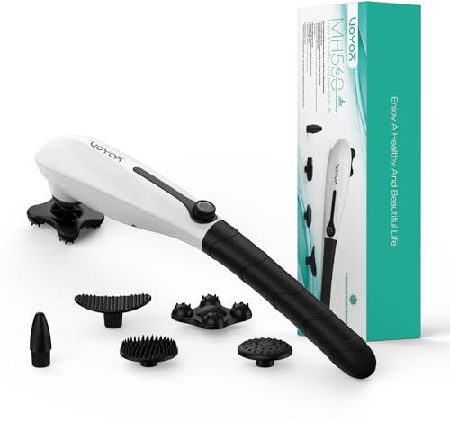 VOYOR-HEALTH Handheld Neck and Back Massager, Electric Body Percussion Massage Machine for Powerful Deep Tissue Muscle Pain Relief, Stepless Variable Speed,5 Vibrating Massage Heads (White)